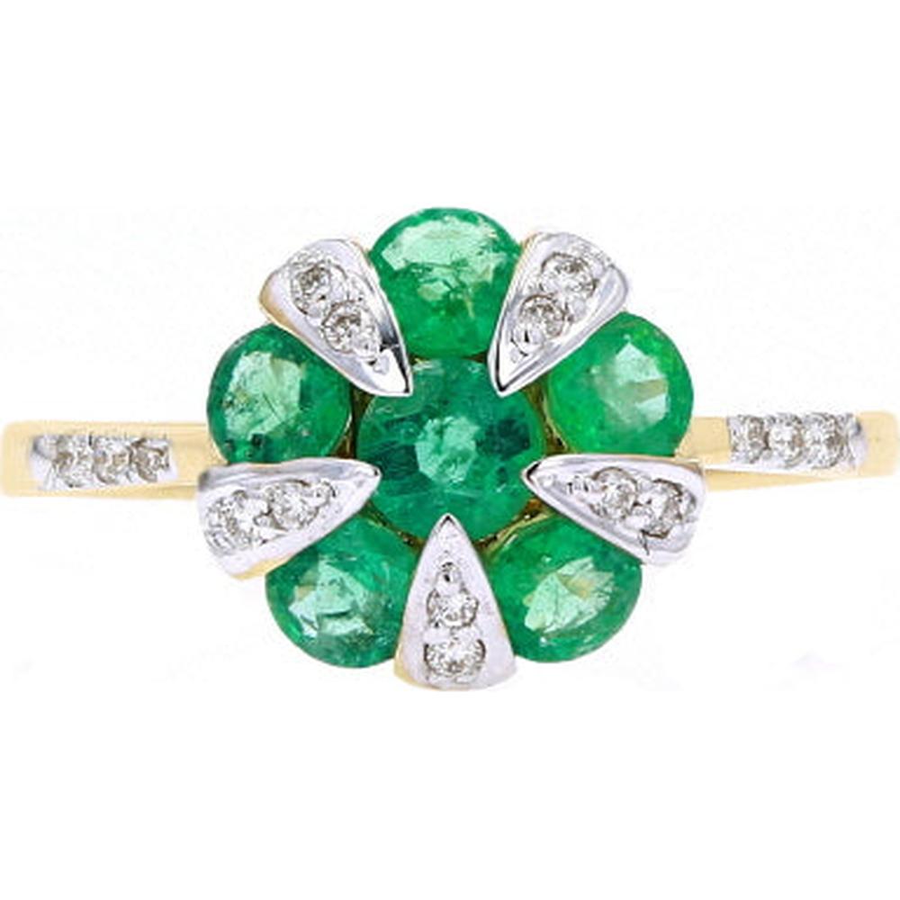 14K Yellow Gold Flower Cocktail Ring with Round Emeralds and Diamond Accents - 0.22 Carats Total Diamond Weight