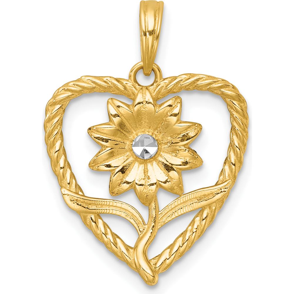 14K Yellow Gold Flower in Twisted Heart Pendant with Rhodium Accent by Oro Pregiato