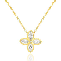 14K Yellow Gold Flower Necklace with Marquise and Round Diamonds - 0.38 Carat Total Diamond Weight - Royal Jewelry