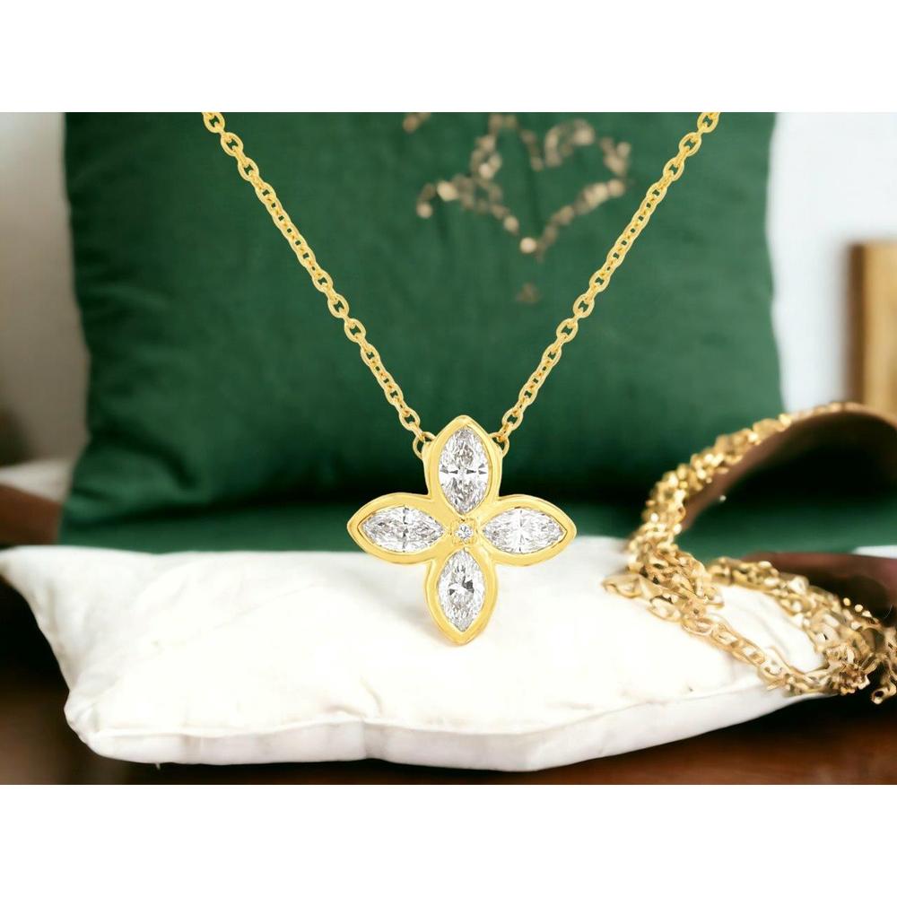 14K Yellow Gold Flower Necklace with Marquise and Round Diamonds - 0.38 Carat Total Diamond Weight - Royal Jewelry
