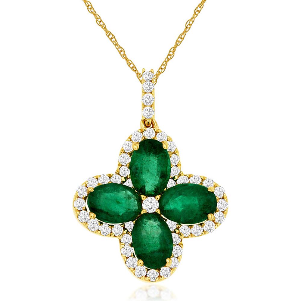 14K Yellow Gold Flower Pendant Necklace with Oval Emeralds and Round Diamond Halo - 1.80 Carat Total Emerald Weight, 0.40 Carat Total Diamond Weight - Royal Jewelry