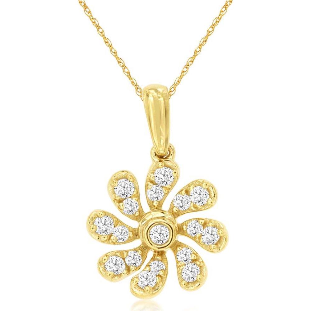 14K Yellow Gold Flower Pendant Necklace with Round Diamonds - 0.28 Carat Total Diamond Weight - Royal Jewelry