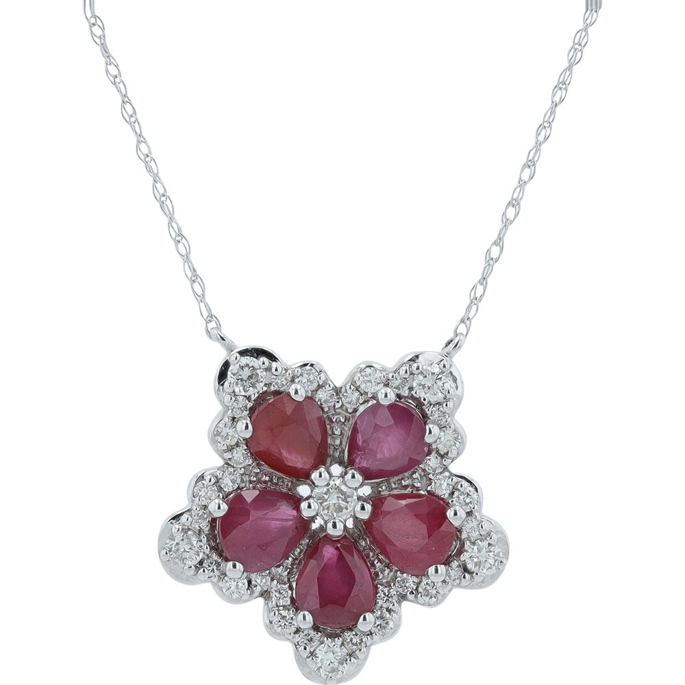 14K Yellow Gold Flower Pendant with Prong-Set Rubies and Pavé Diamond Halo - 1.75 Carat Total Ruby Weight and 0.75 Carat Total Diamond Weight