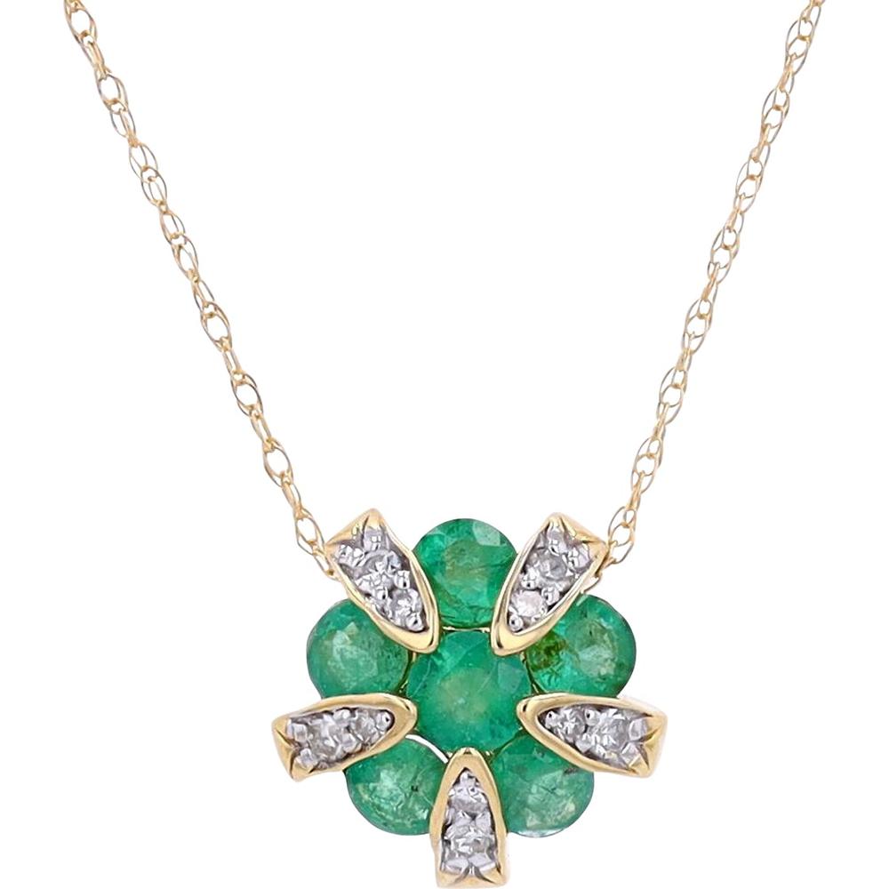 14K Yellow Gold Flower Pendant with Round Emerald Petals and Diamond Accents - 0.09 Carats Total Diamond Weight
