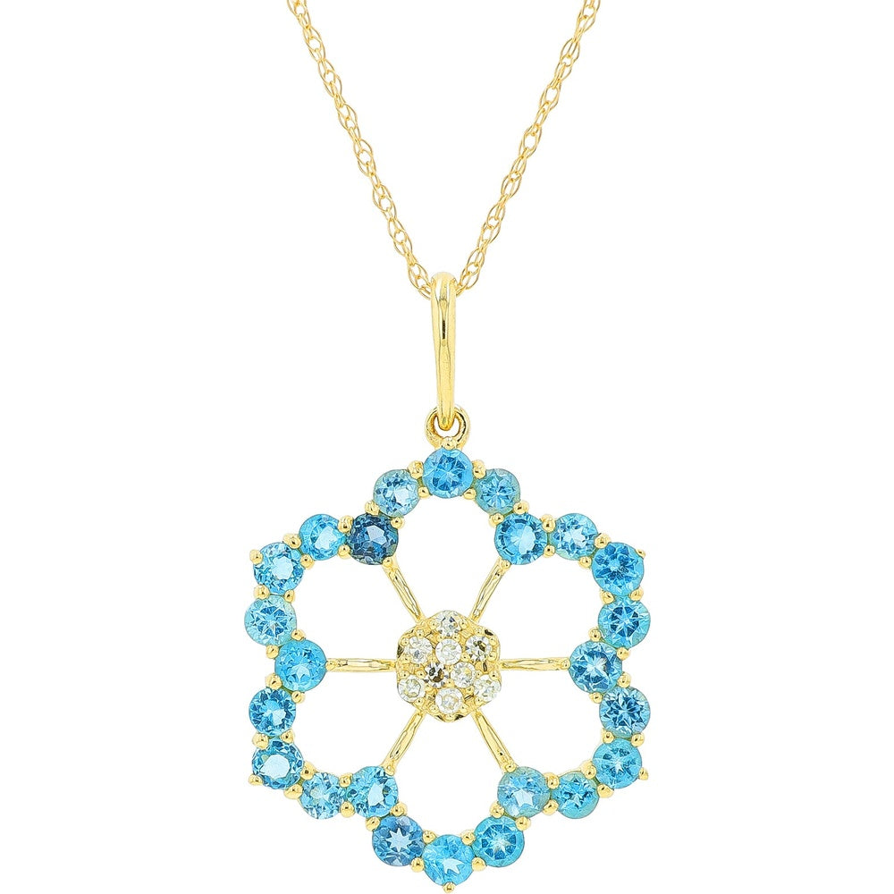 14K Yellow Gold Flower Pendant with Round London Blue Topaz and Diamond Center - 1.25 Carat Total Gem Weight and 0.06 Carat Diamond Accent