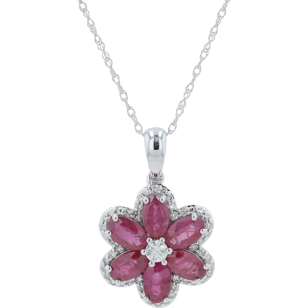 14K Yellow Gold Flower Pendant with Ruby Petals and 0.21 Carats Diamond Accents