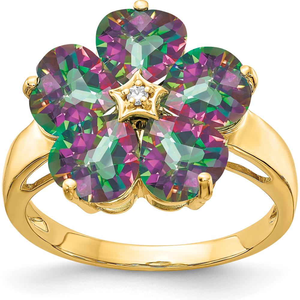 14K Yellow Gold Flower Ring with 1.08 Carat Heart-Shaped Mystic Fire Topaz and 0.01 Carat Round Diamond Accent by Monteluci Fine Jewelry
