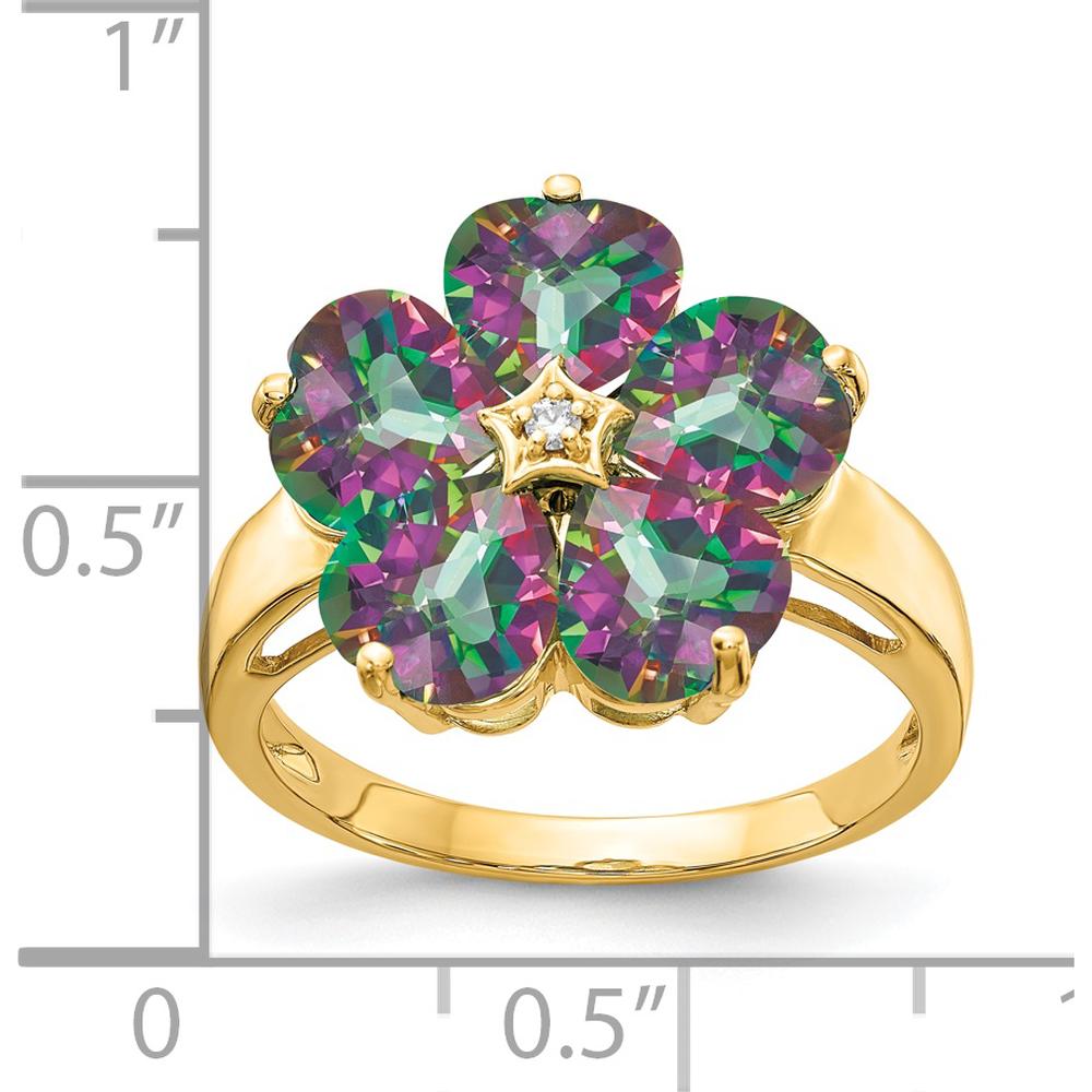 14K Yellow Gold Flower Ring with 1.08 Carat Heart-Shaped Mystic Fire Topaz and 0.01 Carat Round Diamond Accent by Monteluci Fine Jewelry
