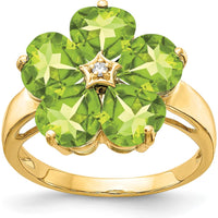 14K Yellow Gold Flower Ring with 6mm Heart Peridots and 0.01 Carat Diamond Accent - 0.80 Carat Total Peridot Weight by Monteluci Fine Jewelry