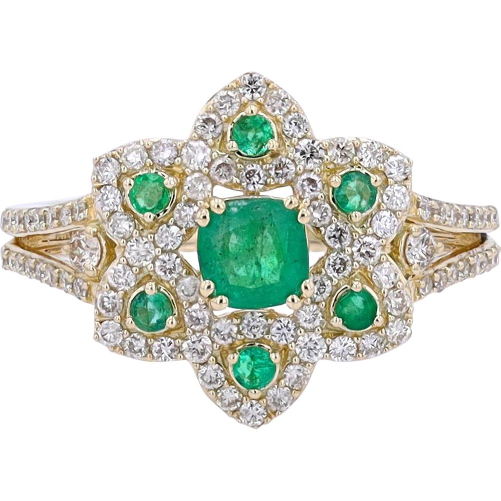 14K Yellow Gold Flower Ring with Emerald Center and Diamond Halo - 0.50 Carat Total Diamond Weight