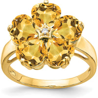 14K Yellow Gold Flower Ring with Five 6mm Heart-Cut Citrines and Round Diamond Accent - 0.81 Carat Total Gem Weight by Monteluci Fine Jewelry