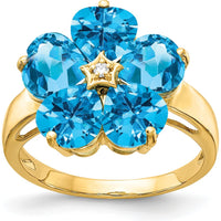 14K Yellow Gold Flower Ring with Five 6mm Heart-Shaped Swiss Blue Topaz and 0.01 Carat Diamond Accent by Monteluci Fine Jewelry