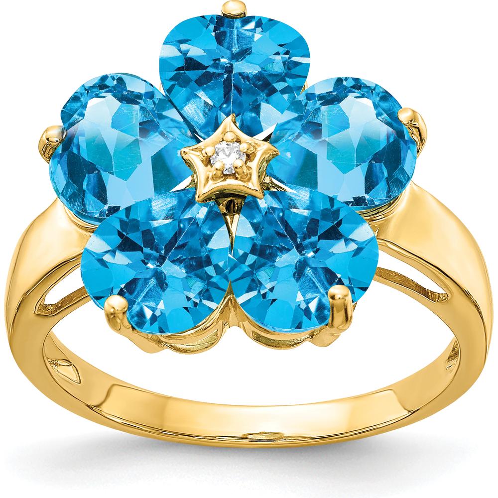 14K Yellow Gold Flower Ring with Five 6mm Heart-Shaped Swiss Blue Topaz and 0.01 Carat Diamond Accent by Monteluci Fine Jewelry