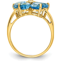 14K Yellow Gold Flower Ring with Five 6mm Heart-Shaped Swiss Blue Topaz and 0.01 Carat Diamond Accent by Monteluci Fine Jewelry