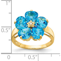 14K Yellow Gold Flower Ring with Five 6mm Heart-Shaped Swiss Blue Topaz and 0.01 Carat Diamond Accent by Monteluci Fine Jewelry