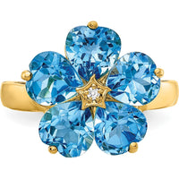 14K Yellow Gold Flower Ring with Five 6mm Heart-Shaped Swiss Blue Topaz and 0.01 Carat Diamond Accent by Monteluci Fine Jewelry