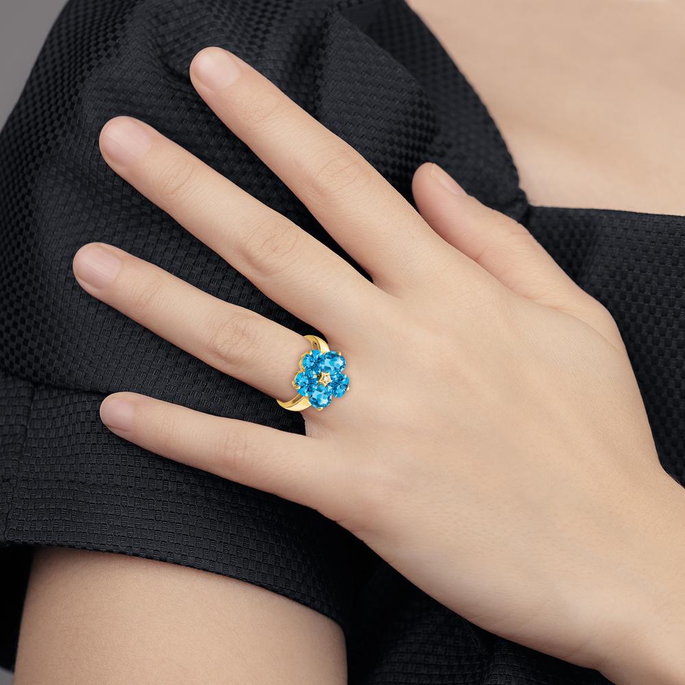 14K Yellow Gold Flower Ring with Five 6mm Heart-Shaped Swiss Blue Topaz and 0.01 Carat Diamond Accent by Monteluci Fine Jewelry