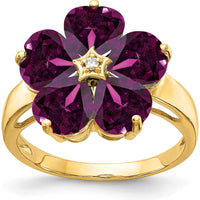 14K Yellow Gold Flower Ring with Heart-Cut Rhodolite Garnets (1.00 Carat Total) and Round Diamond Accent (0.01 Carat) by Monteluci Fine Jewelry