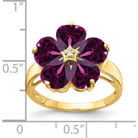 14K Yellow Gold Flower Ring with Heart-Cut Rhodolite Garnets (1.00 Carat Total) and Round Diamond Accent (0.01 Carat) by Monteluci Fine Jewelry