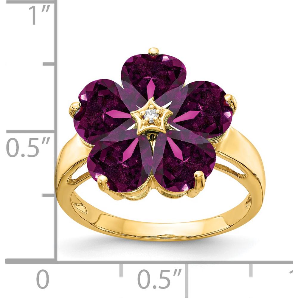 14K Yellow Gold Flower Ring with Heart-Cut Rhodolite Garnets (1.00 Carat Total) and Round Diamond Accent (0.01 Carat) by Monteluci Fine Jewelry