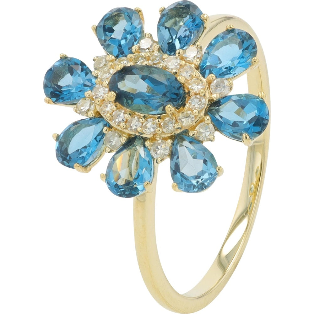 14K Yellow Gold Flower Ring with Oval and Pear London Blue Topaz and Diamond Halo - 1.75 Carat Total Topaz Weight