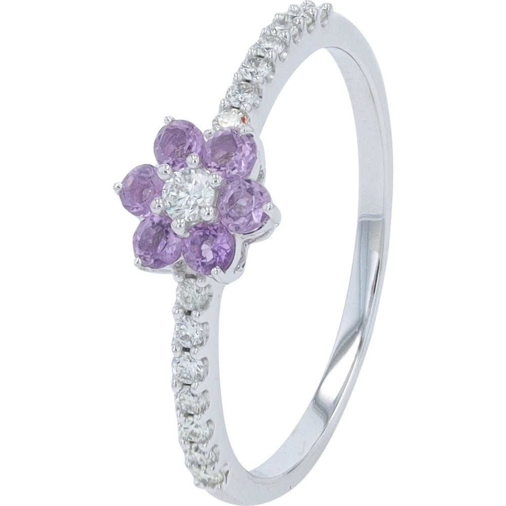 14K Yellow Gold Flower Ring with Round Diamond Center and Amethyst Petals - 0.50 Carat Total Gemstone Weight and 0.07 Carat Diamond Accents
