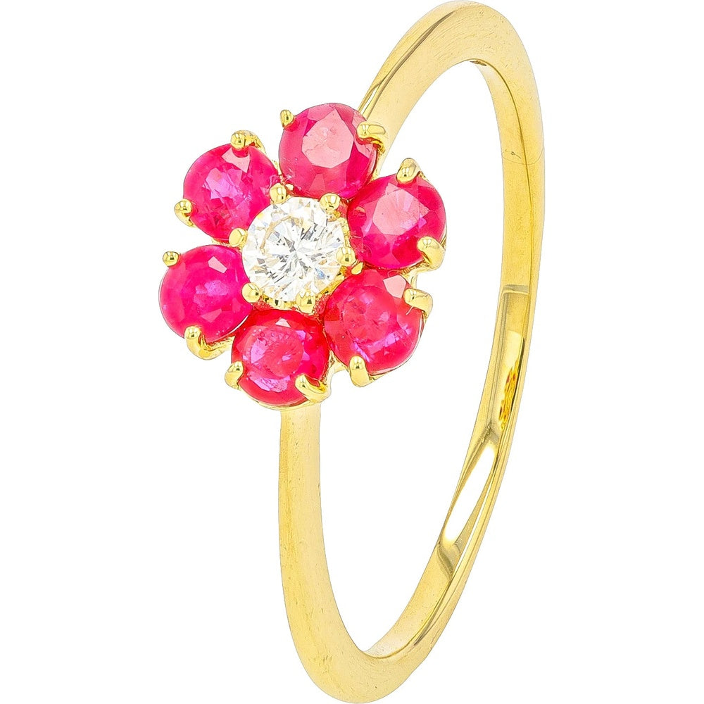 14K Yellow Gold Flower Ring with Round Diamond Center and Ruby Petals - 0.80 Carat Total Ruby Weight and 0.10 Carat Diamond Weight
