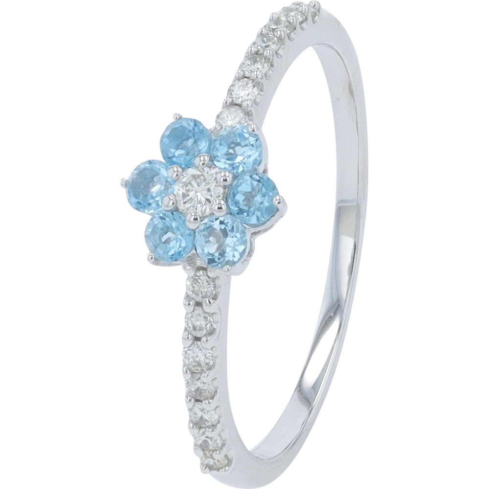 14K Yellow Gold Flower Ring with Round Swiss Blue Topaz and Diamond Accents - 0.50 Carat Total Topaz Weight and 0.07 Carat Total Diamond Weight