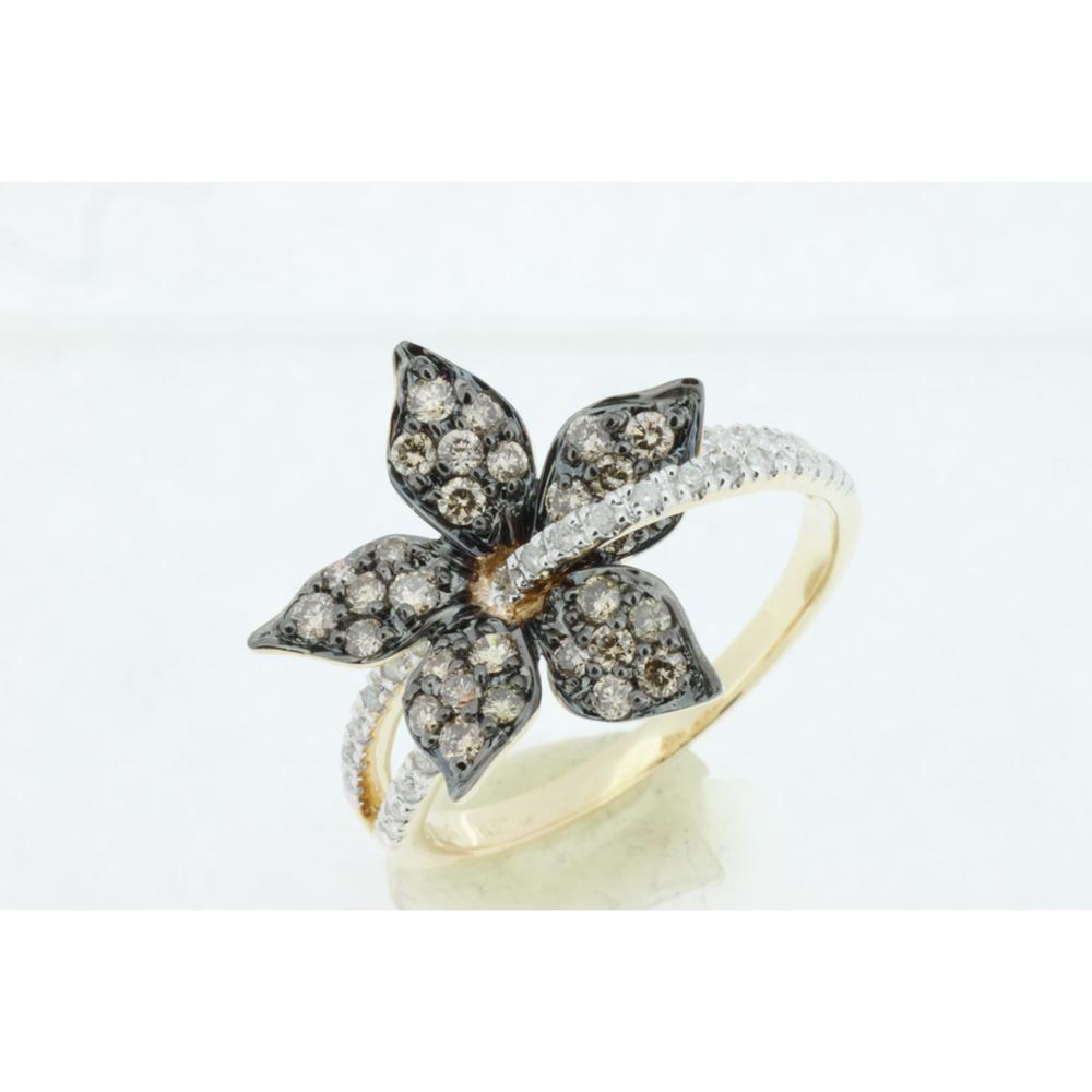14K Yellow Gold Flower Ring with Round White and Mocha Diamonds - 0.62 Carat Total Diamond Weight - Royal Jewelry