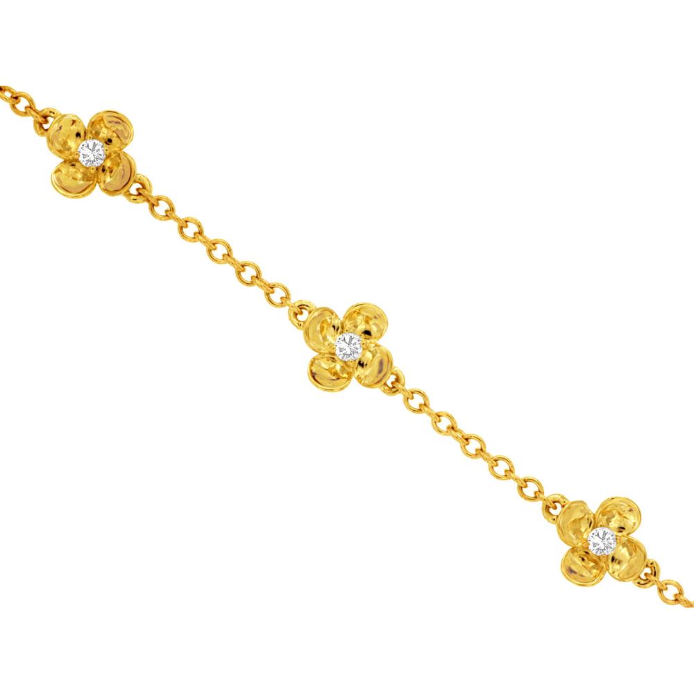 14K Yellow Gold Flower Station Bracelet with Round Diamond Centers - 0.12 Carat Total Diamond Weight - Royal Jewelry