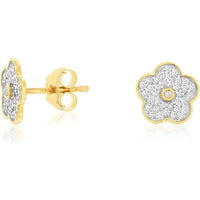 14K Yellow Gold Flower Stud Earrings with Pave Set Round Diamonds and Bezel Center - 0.25 Carat Total Diamond Weight - Royal Jewelry