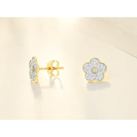 14K Yellow Gold Flower Stud Earrings with Pave Set Round Diamonds and Bezel Center - 0.25 Carat Total Diamond Weight - Royal Jewelry