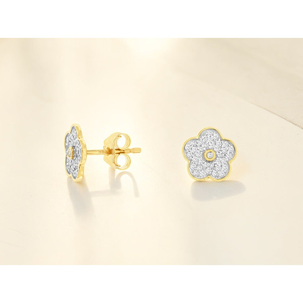 14K Yellow Gold Flower Stud Earrings with Pave Set Round Diamonds and Bezel Center - 0.25 Carat Total Diamond Weight - Royal Jewelry