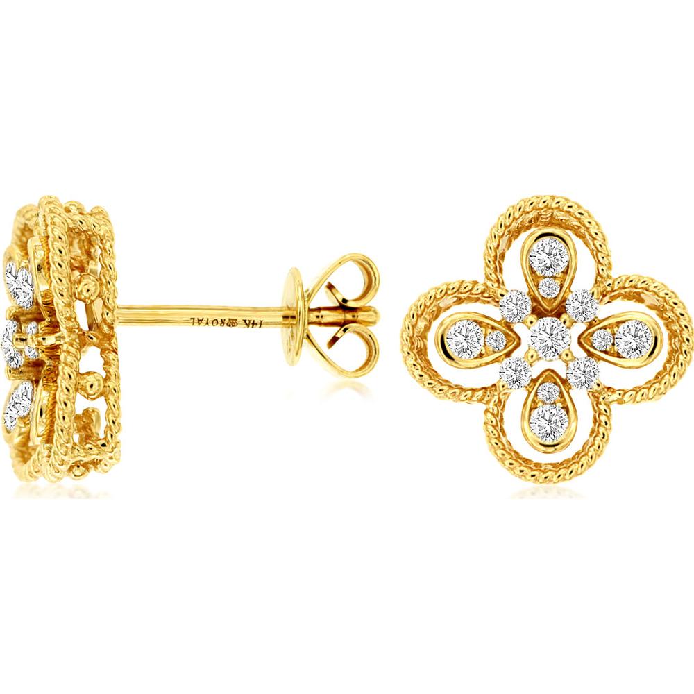 14K Yellow Gold Flower Stud Earrings with Round Diamonds - 0.37 Carat Total Diamond Weight - Royal Jewelry