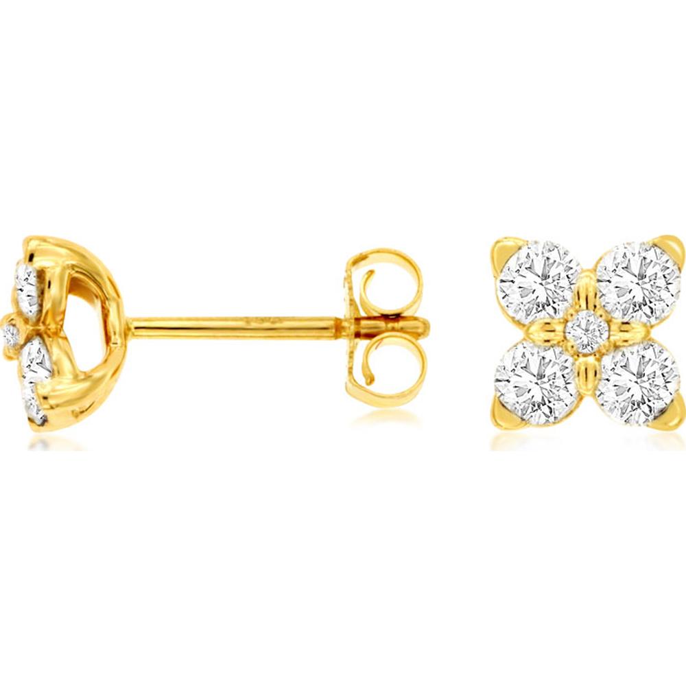 14K Yellow Gold Flower Stud Earrings with Round Diamonds - 0.75 Carat Total Diamond Weight - Royal Jewelry