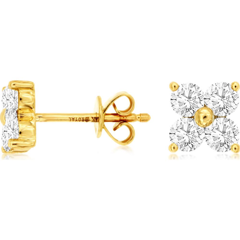 14K Yellow Gold Flower Stud Earrings with Round Diamonds - 0.80 Carat Total Diamond Weight - Royal Jewelry
