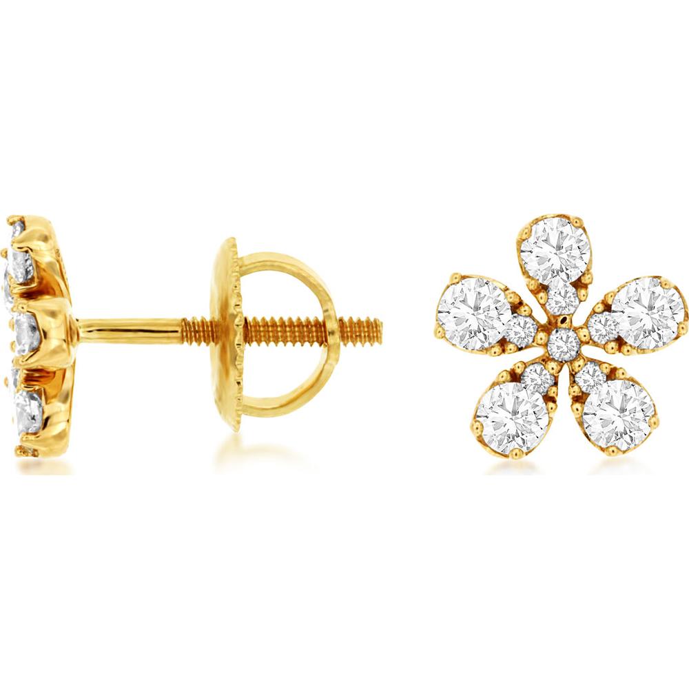 14K Yellow Gold Flower Stud Earrings with Round Diamonds and Screw Backs - 0.50 Carat Total Diamond Weight - Royal Jewelry