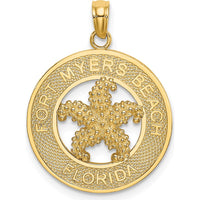14K Yellow Gold Fort Myers Beach Starfish Pendant with Engraved Florida Circle Frame by Oro Pregiato