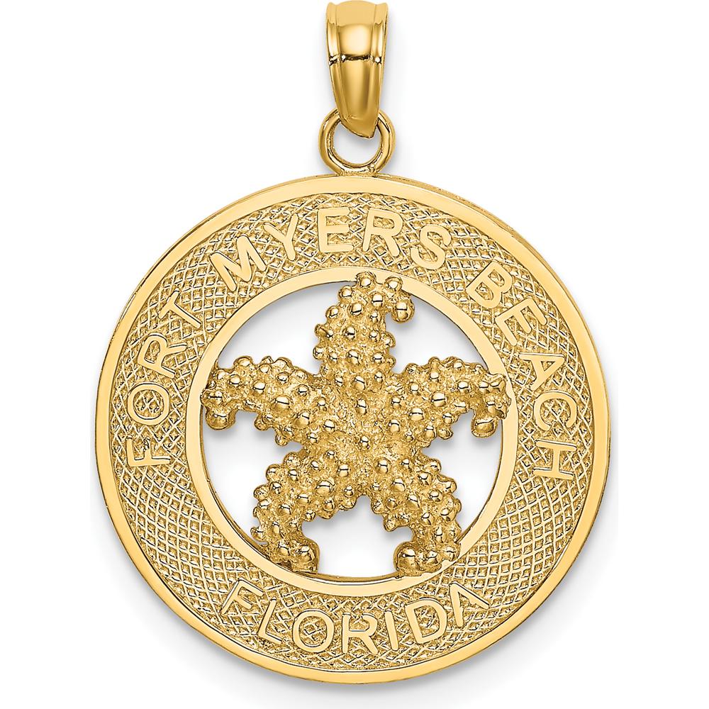 14K Yellow Gold Fort Myers Beach Starfish Pendant with Engraved Florida Circle Frame by Oro Pregiato