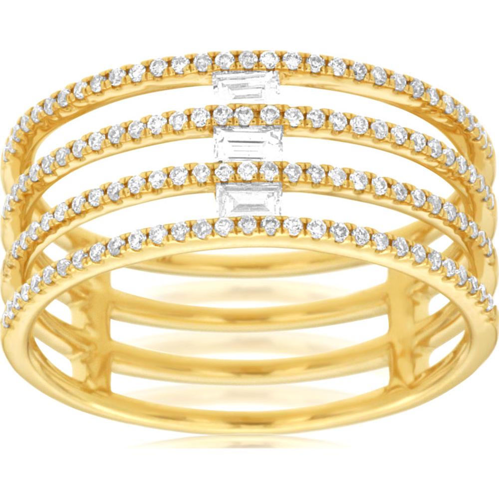 14K Yellow Gold Four-Band Ring with Round and Baguette Diamonds - 0.40 Carat Total Diamond Weight - Royal Jewelry