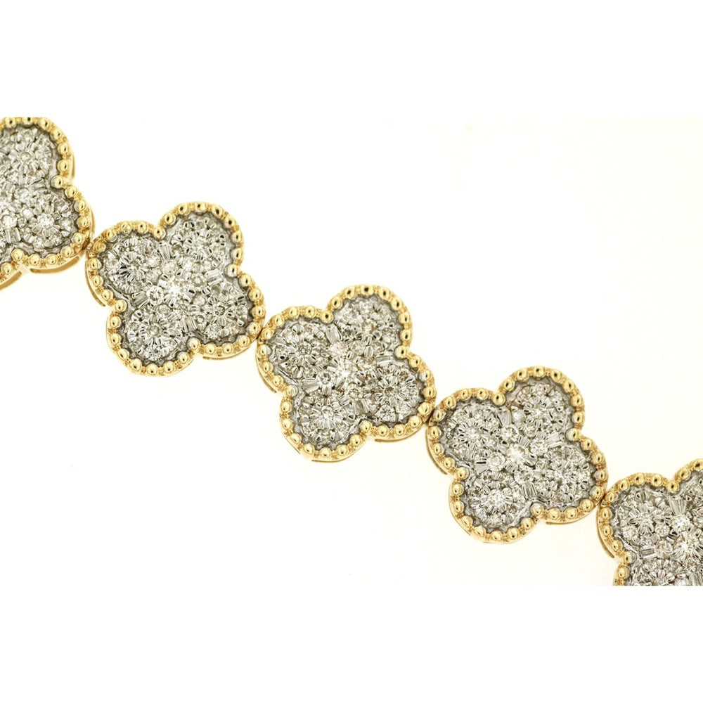 14K Yellow Gold Four Leaf Clover Motif Bracelet with Pave Set Round Diamonds and Milgrain Detail - 2.80 Carat Total Diamond Weight - Royal Jewelry