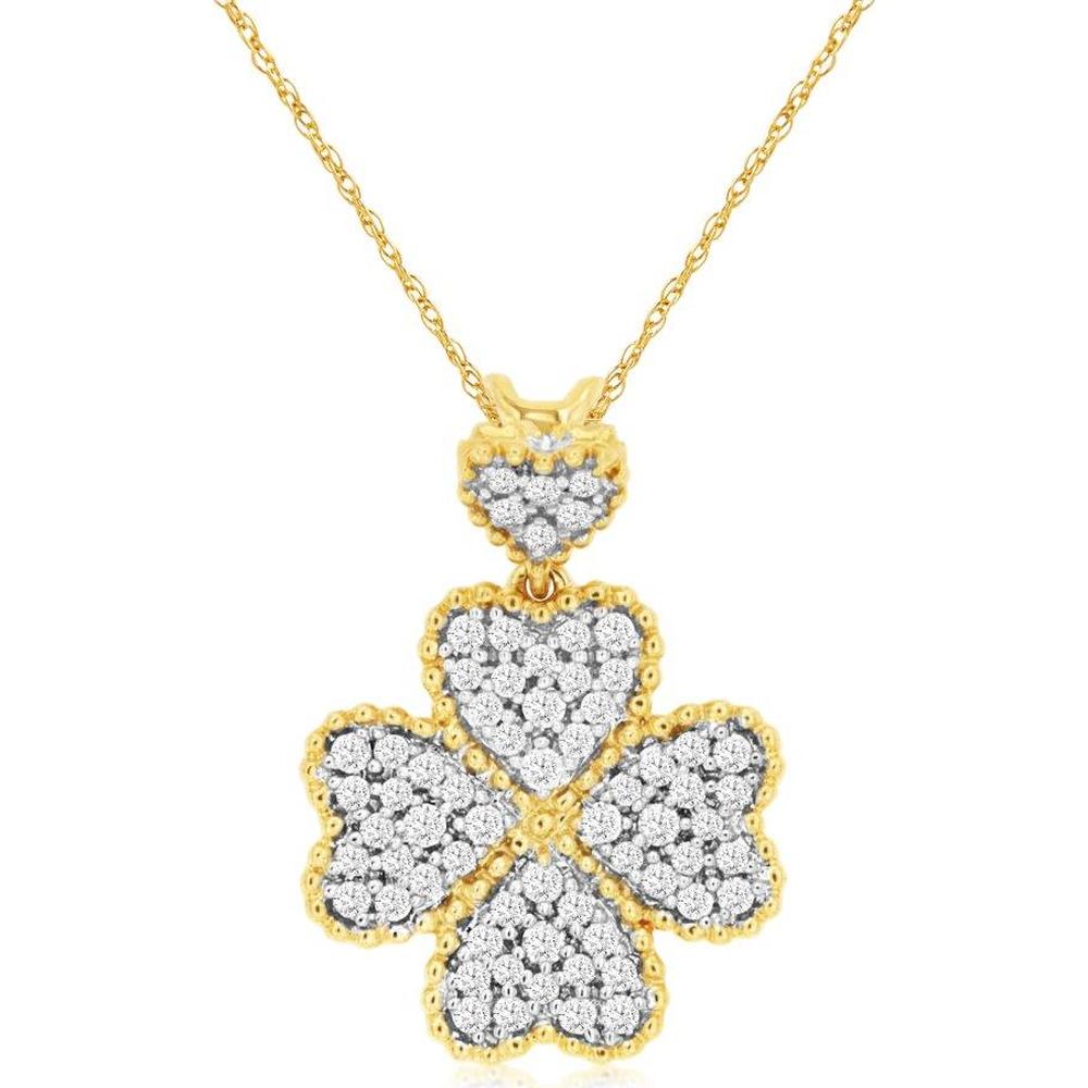 14K Yellow Gold Four-Leaf Clover Motif Pendant with Pave-Set Round Diamonds - 0.20 Carat Total Diamond Weight - Royal Jewelry