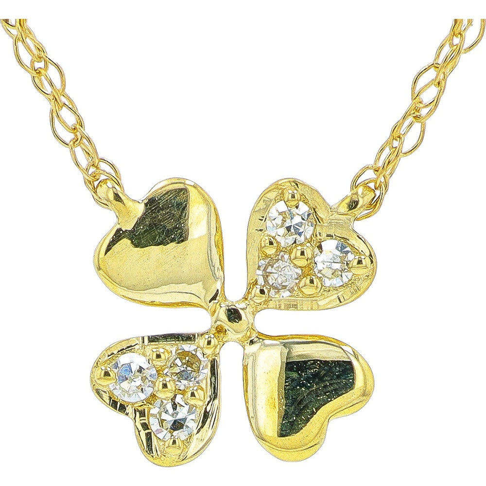 14K Yellow Gold Four Leaf Clover Pendant Necklace with Prong-Set Round Diamonds - 0.05 Carat Total Diamond Weight