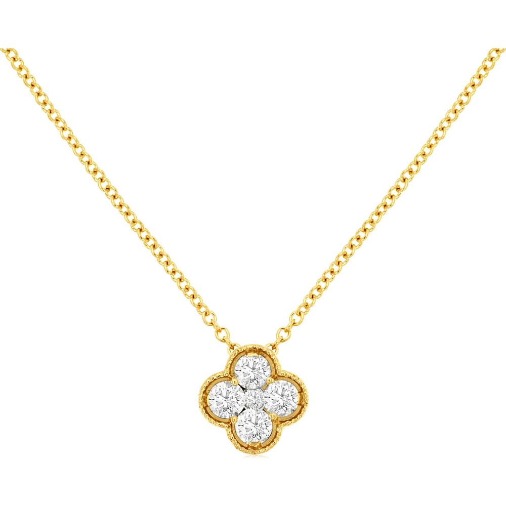 14K Yellow Gold Four-Leaf Clover Pendant Necklace with Prong Set Round Diamonds - 0.26 Carat Total Diamond Weight - Royal Jewelry