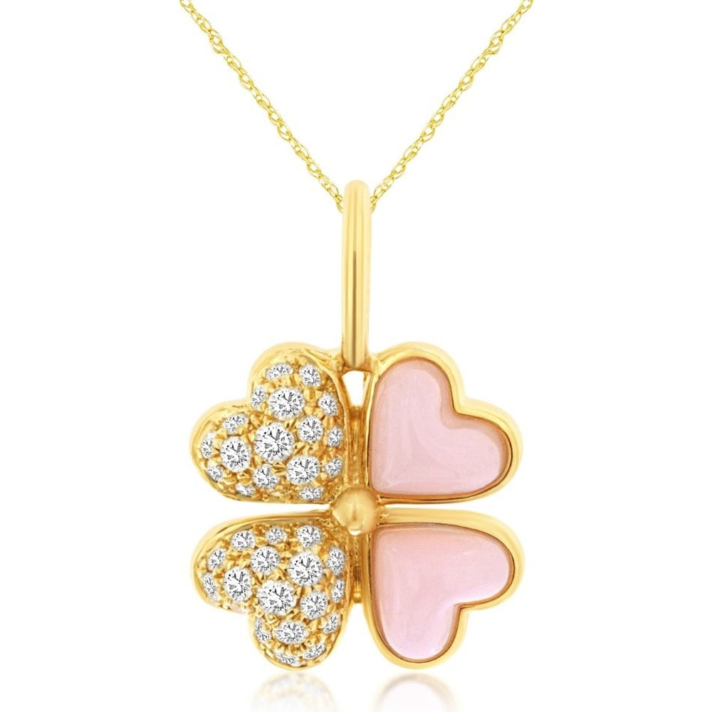 14K Yellow Gold Four-Leaf Clover Pendant with Bead-Set Round Diamonds and Pink Mother of Pearl Inlays - 0.24 Carat Total Diamond Weight - Royal Jewelry