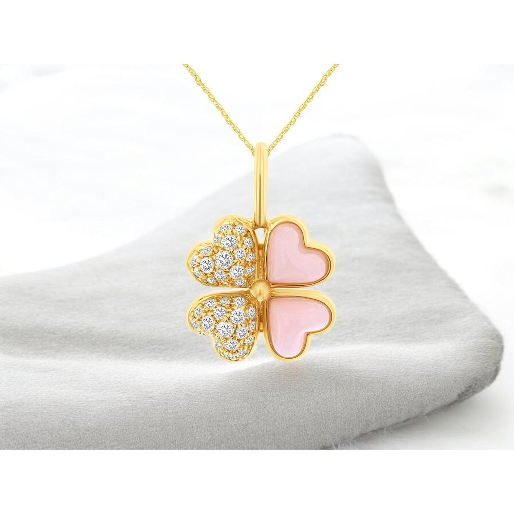 14K Yellow Gold Four-Leaf Clover Pendant with Bead-Set Round Diamonds and Pink Mother of Pearl Inlays - 0.24 Carat Total Diamond Weight - Royal Jewelry