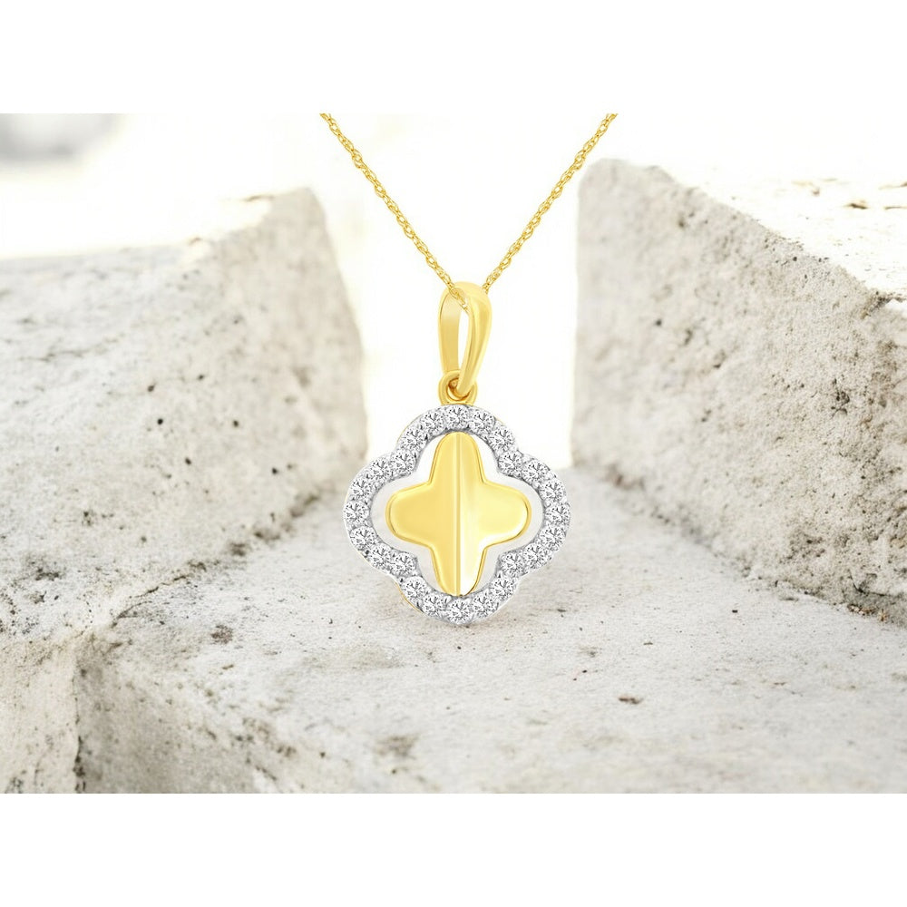 14K Yellow Gold Four-Leaf Clover Pendant with Diamond Halo - 0.26 Carat Total Diamond Weight - Royal Jewelry