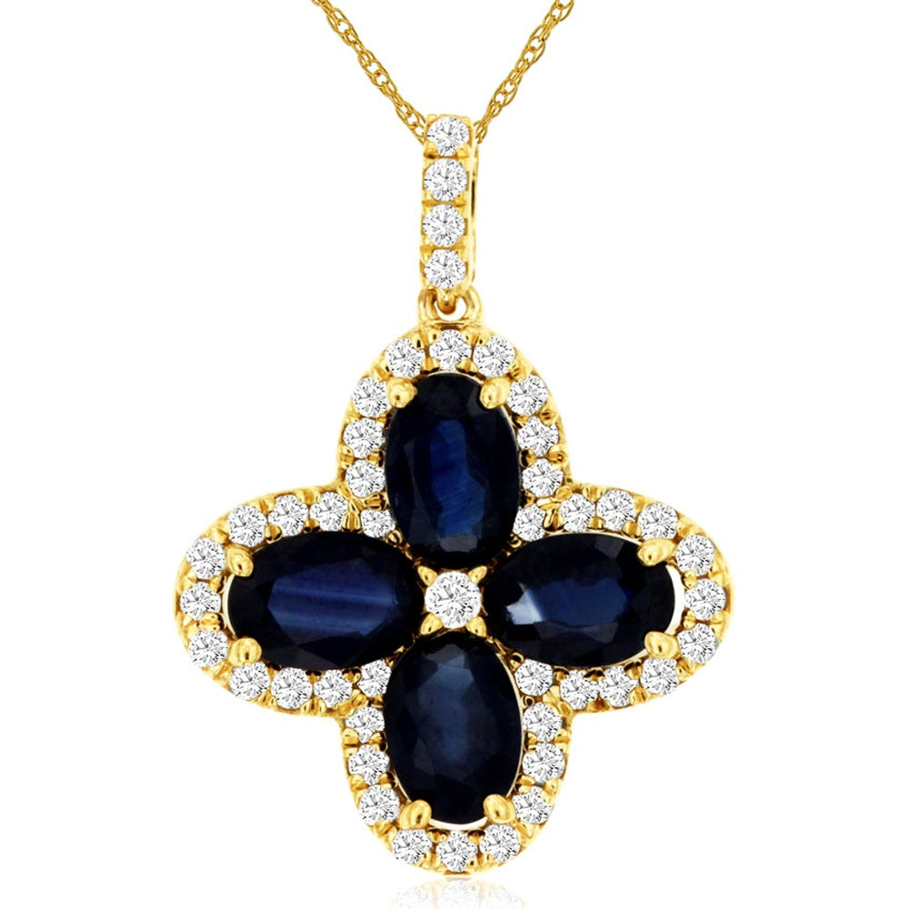 14K Yellow Gold Four-Leaf Clover Pendant with Oval Sapphires and Round Diamond Halo - 2.50 Carat Sapphire and 0.40 Carat Total Diamond Weight - Royal Jewelry
