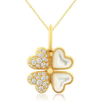 14K Yellow Gold Four-Leaf Clover Pendant with Pavé Round Diamonds and Mother of Pearl Inlays - 0.24 Carat Total Diamond Weight - Royal Jewelry