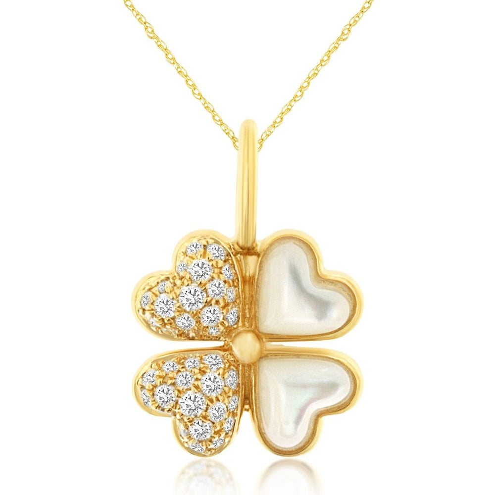 14K Yellow Gold Four-Leaf Clover Pendant with Pavé Round Diamonds and Mother of Pearl Inlays - 0.24 Carat Total Diamond Weight - Royal Jewelry